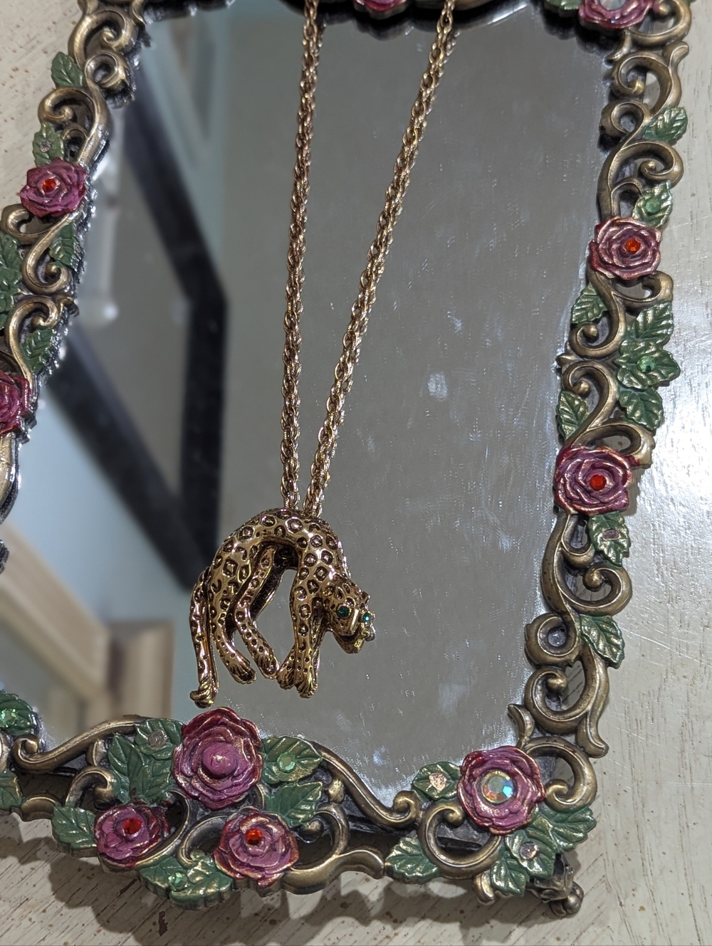 Gold Leopard Pendant Necklace with Green Accent Moveable!